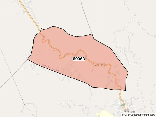 Mapa del código postal 69063, Zapotitlán Palmas, Oaxaca