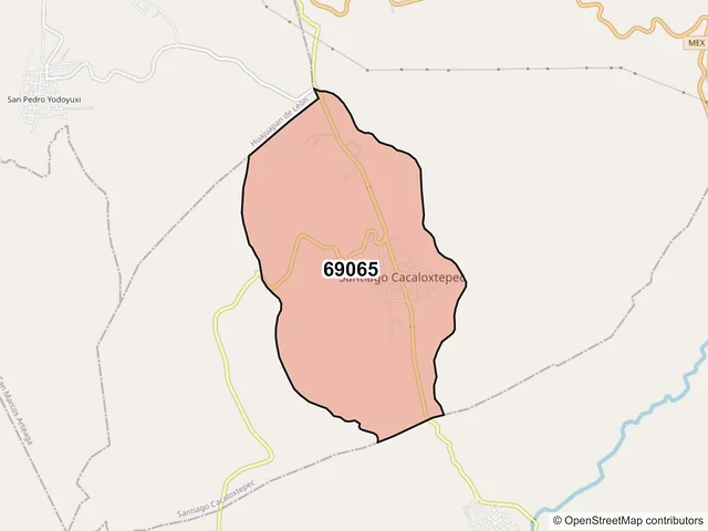 Mapa del código postal 69065, Santiago Cacaloxtepec, Oaxaca