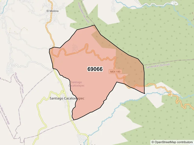 Mapa del código postal 69066, Santiago Cacaloxtepec, Oaxaca
