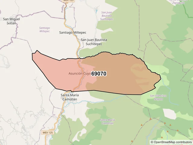 Mapa del código postal 69070, Asunción Cuyotepeji, Oaxaca