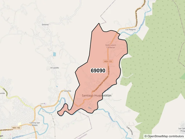 Mapa del código postal 69090, Santiago Huajolotitlán, Oaxaca