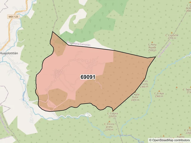 Mapa del código postal 69091, Santiago Huajolotitlán, Oaxaca
