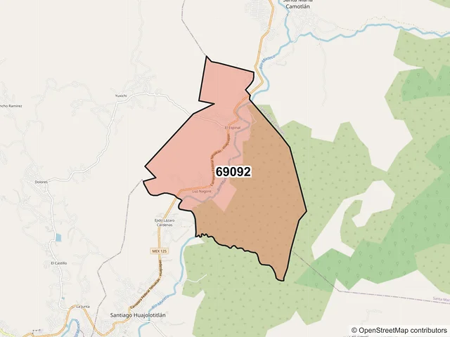 Mapa del código postal 69092, Santiago Huajolotitlán, Oaxaca