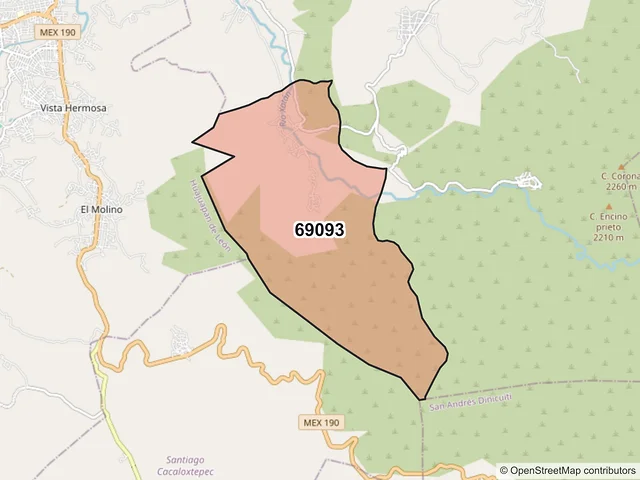 Mapa del código postal 69093, Santiago Huajolotitlán, Oaxaca
