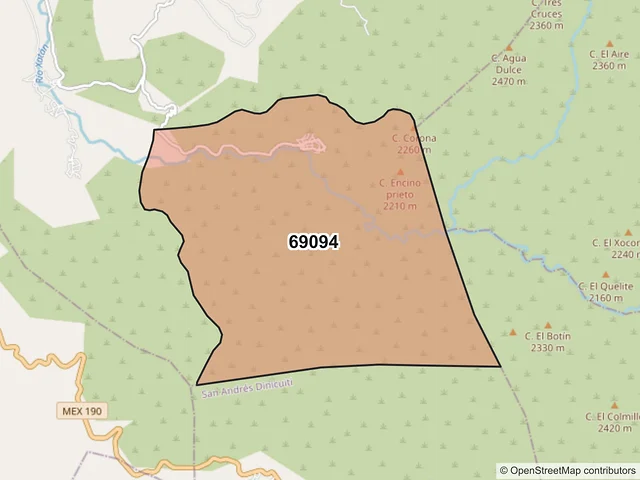 Mapa del código postal 69094, Santiago Huajolotitlán, Oaxaca
