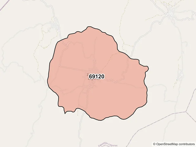 Mapa del código postal 69120, Zapotitlán Lagunas, Oaxaca