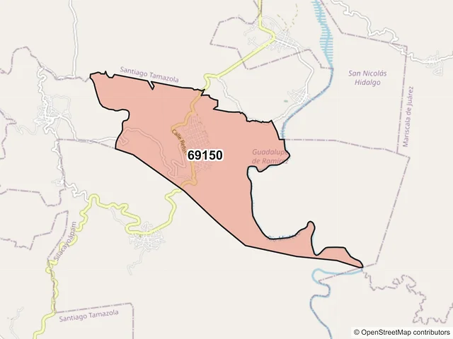 Mapa del código postal 69150, Guadalupe de Ramírez, Oaxaca