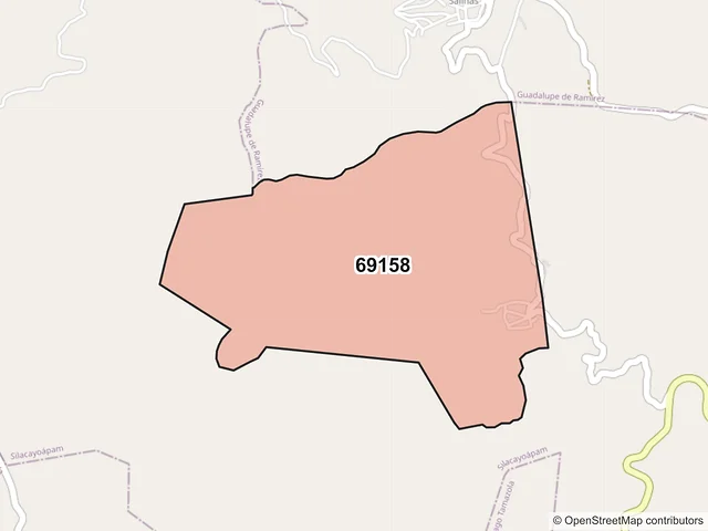 Mapa del código postal 69158, Guadalupe de Ramírez, Oaxaca