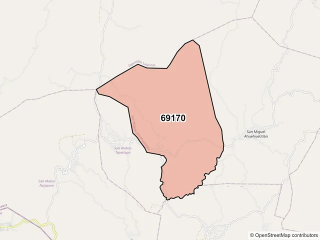 Mapa del código postal 69170, San Miguel Ahuehuetitlán, Oaxaca