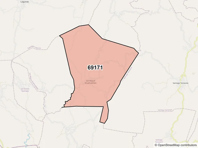Mapa del código postal 69171, San Miguel Ahuehuetitlán, Oaxaca