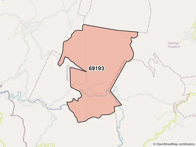 Mapa del código postal 69193, San Juan Bautista Tlachichilco, Oaxaca