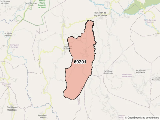 Mapa del código postal 69201, Heroica Villa Tezoatlán de Segura y Luna, Cuna de la Independencia de Oaxaca, Oaxaca