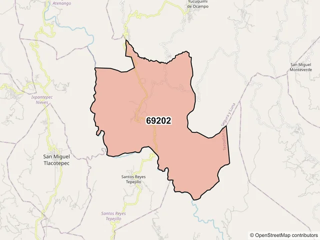 Mapa del código postal 69202, Heroica Villa Tezoatlán de Segura y Luna, Cuna de la Independencia de Oaxaca, Oaxaca