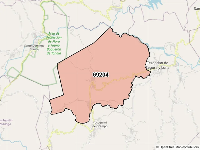 Mapa del código postal 69204, Heroica Villa Tezoatlán de Segura y Luna, Cuna de la Independencia de Oaxaca, Oaxaca
