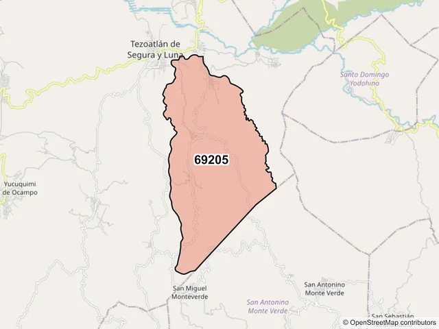 Mapa del código postal 69205, Heroica Villa Tezoatlán de Segura y Luna, Cuna de la Independencia de Oaxaca, Oaxaca