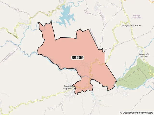Mapa del código postal 69209, Heroica Villa Tezoatlán de Segura y Luna, Cuna de la Independencia de Oaxaca, Oaxaca