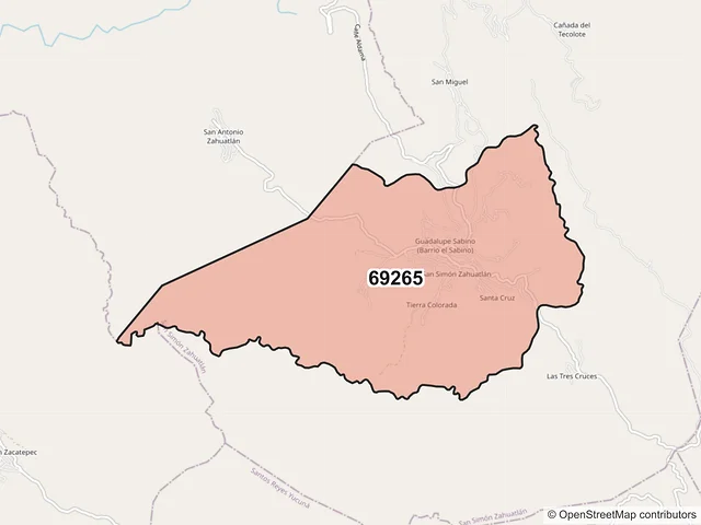 Mapa del código postal 69265, San Simón Zahuatlán, Oaxaca