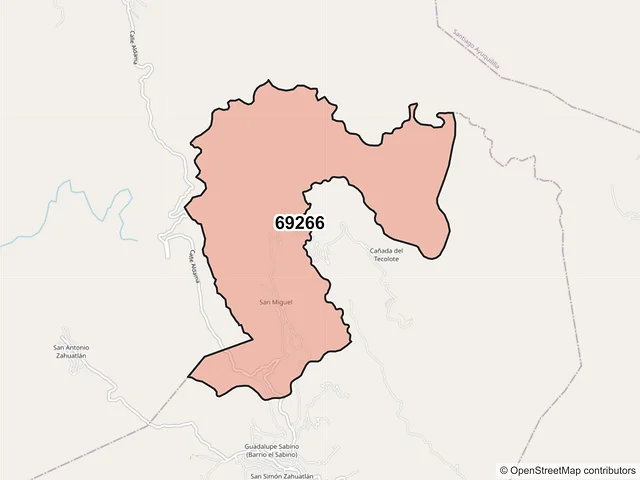 Mapa del código postal 69266, San Simón Zahuatlán, Oaxaca
