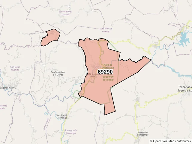 Mapa del código postal 69290, Santo Domingo Tonalá, Oaxaca