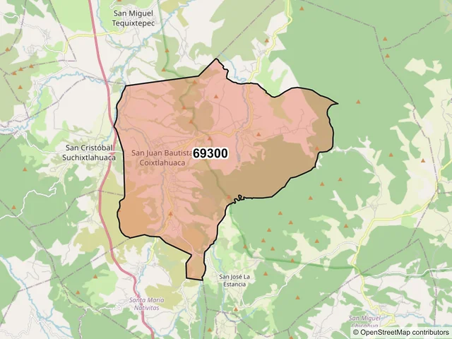 Mapa del código postal 69300, San Juan Bautista Coixtlahuaca, Oaxaca