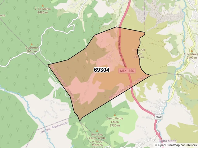 Mapa del código postal 69304, San Juan Bautista Coixtlahuaca, Oaxaca