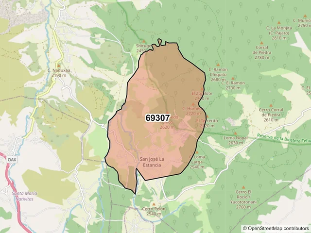 Mapa del código postal 69307, San Juan Bautista Coixtlahuaca, Oaxaca