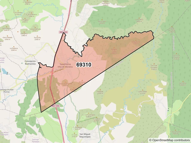 Mapa del código postal 69310, Tepelmeme Villa de Morelos, Oaxaca