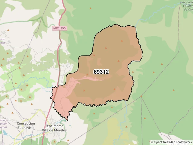 Mapa del código postal 69312, Tepelmeme Villa de Morelos, Oaxaca
