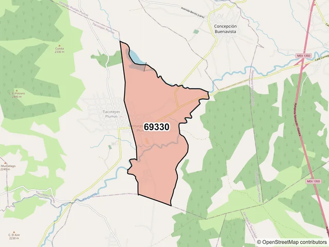 Mapa del código postal 69330, Santiago Ihuitlán Plumas, Oaxaca