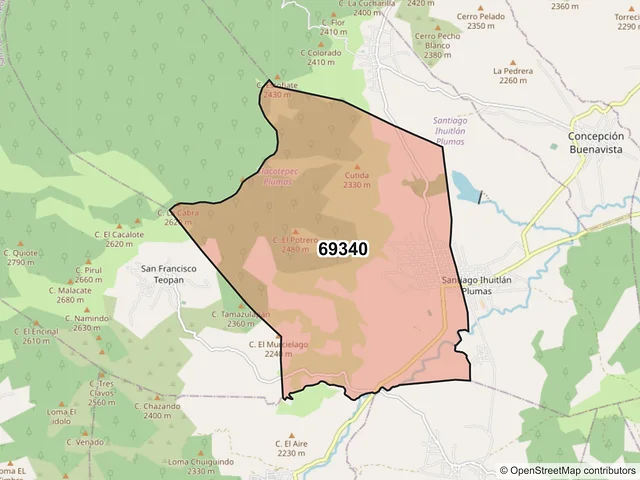 Mapa del código postal 69340, Tlacotepec Plumas, Oaxaca