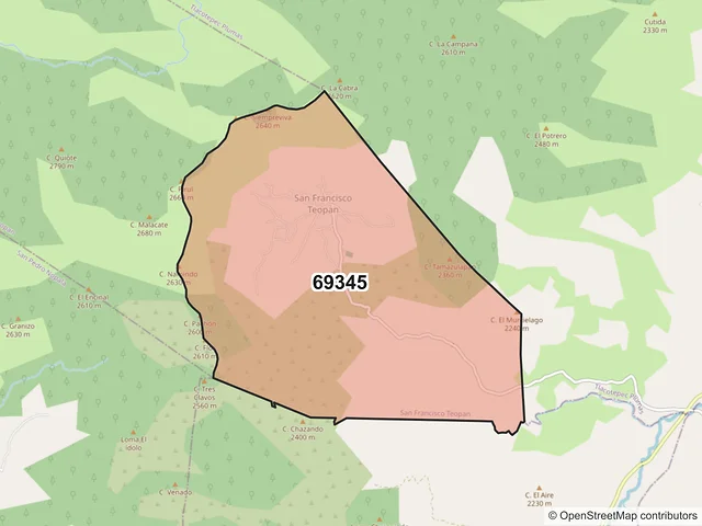 Mapa del código postal 69345, San Francisco Teopan, Oaxaca