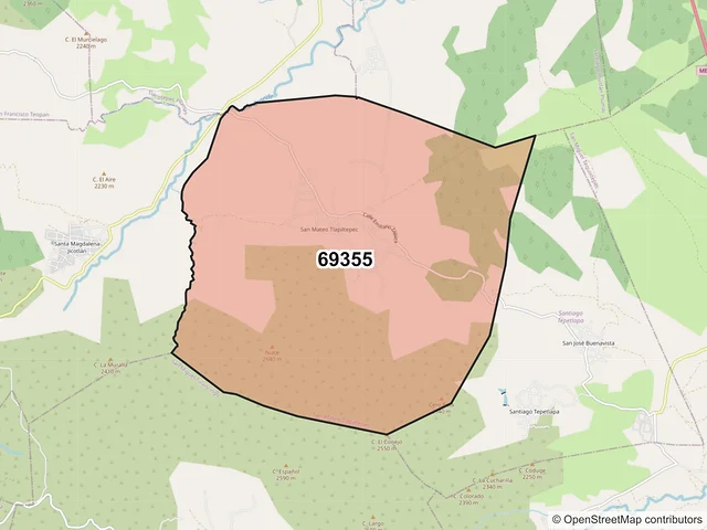 Mapa del código postal 69355, San Mateo Tlapiltepec, Oaxaca