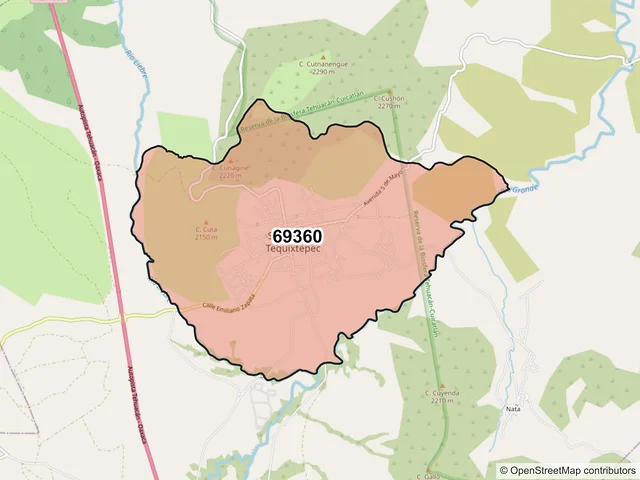 Mapa del código postal 69360, San Miguel Tequixtepec, Oaxaca