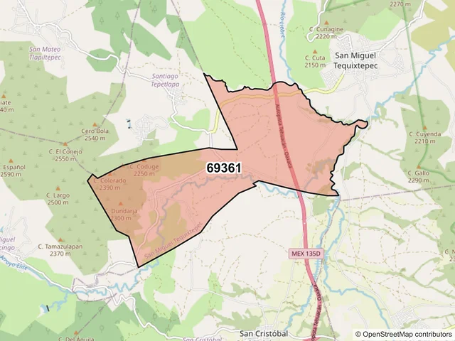 Mapa del código postal 69361, San Miguel Tequixtepec, Oaxaca