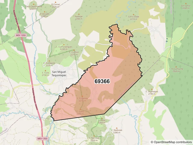 Mapa del código postal 69366, San Miguel Tequixtepec, Oaxaca