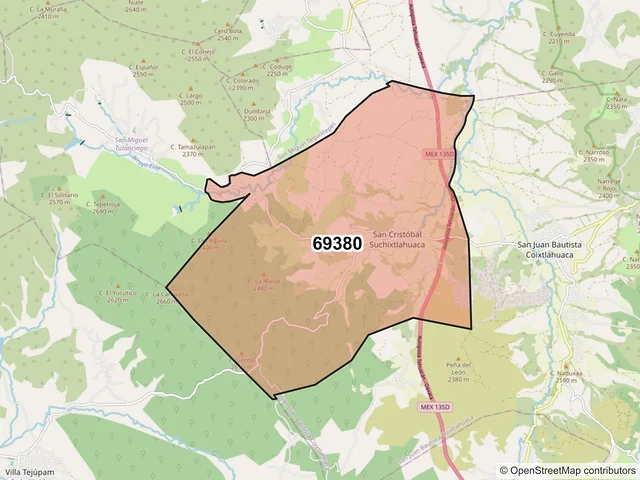 Mapa del código postal 69380, San Cristóbal Suchixtlahuaca, Oaxaca