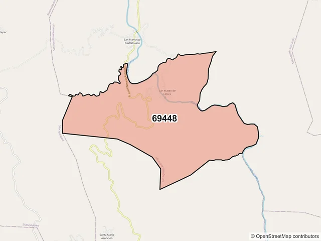 Mapa del código postal 69448, San Agustín Atenango, Oaxaca