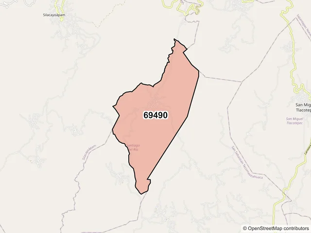 Mapa del código postal 69490, Santiago del Río, Oaxaca