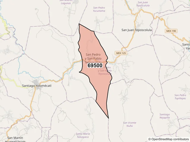 Mapa del código postal 69500, San Pedro y San Pablo Teposcolula, Oaxaca