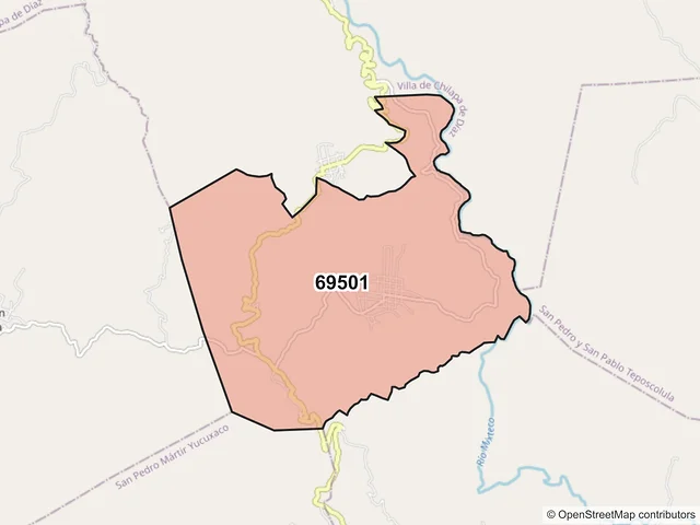 Mapa del código postal 69501, San Pedro y San Pablo Teposcolula, Oaxaca