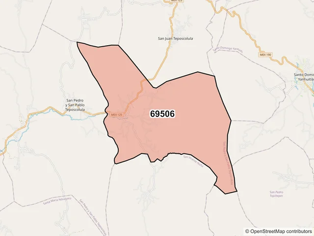 Mapa del código postal 69506, San Pedro y San Pablo Teposcolula, Oaxaca