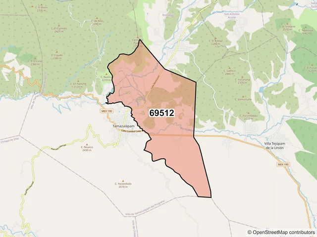 Mapa del código postal 69512, Villa de Tamazulápam del Progreso, Oaxaca