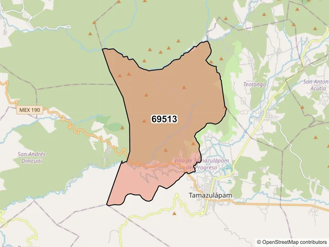 Mapa del código postal 69513, Villa de Tamazulápam del Progreso, Oaxaca