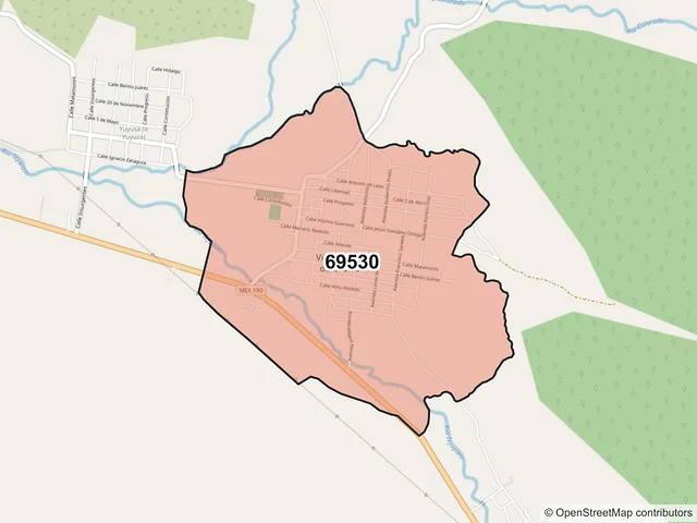 Mapa del código postal 69530, Villa Tejúpam de la Unión, Oaxaca