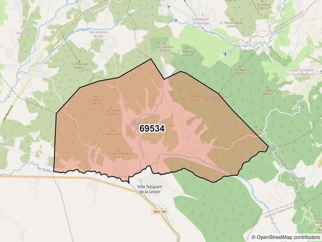 Mapa del código postal 69534, Villa Tejúpam de la Unión, Oaxaca