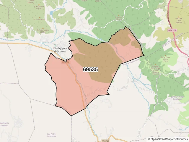 Mapa del código postal 69535, Villa Tejúpam de la Unión, Oaxaca