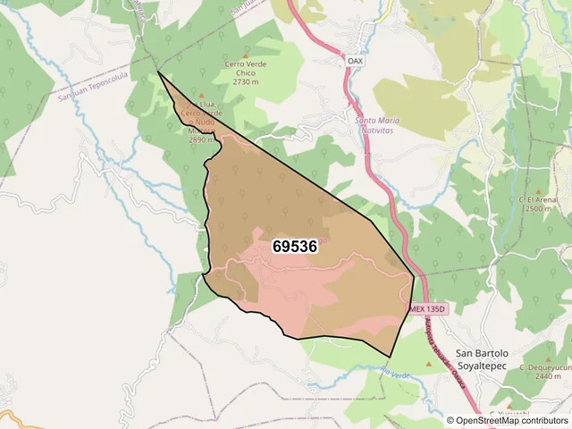 Mapa del código postal 69536, Santo Domingo Tonaltepec, Oaxaca