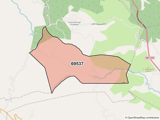 Mapa del código postal 69537, Santo Domingo Tonaltepec, Oaxaca