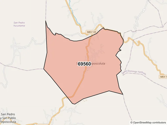 Mapa del código postal 69560, San Juan Teposcolula, Oaxaca