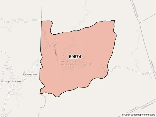 Mapa del código postal 69574, San Sebastián Nicananduta, Oaxaca